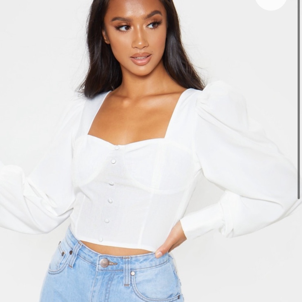NWT Petite White Long Puff Sleeve Button Blouse